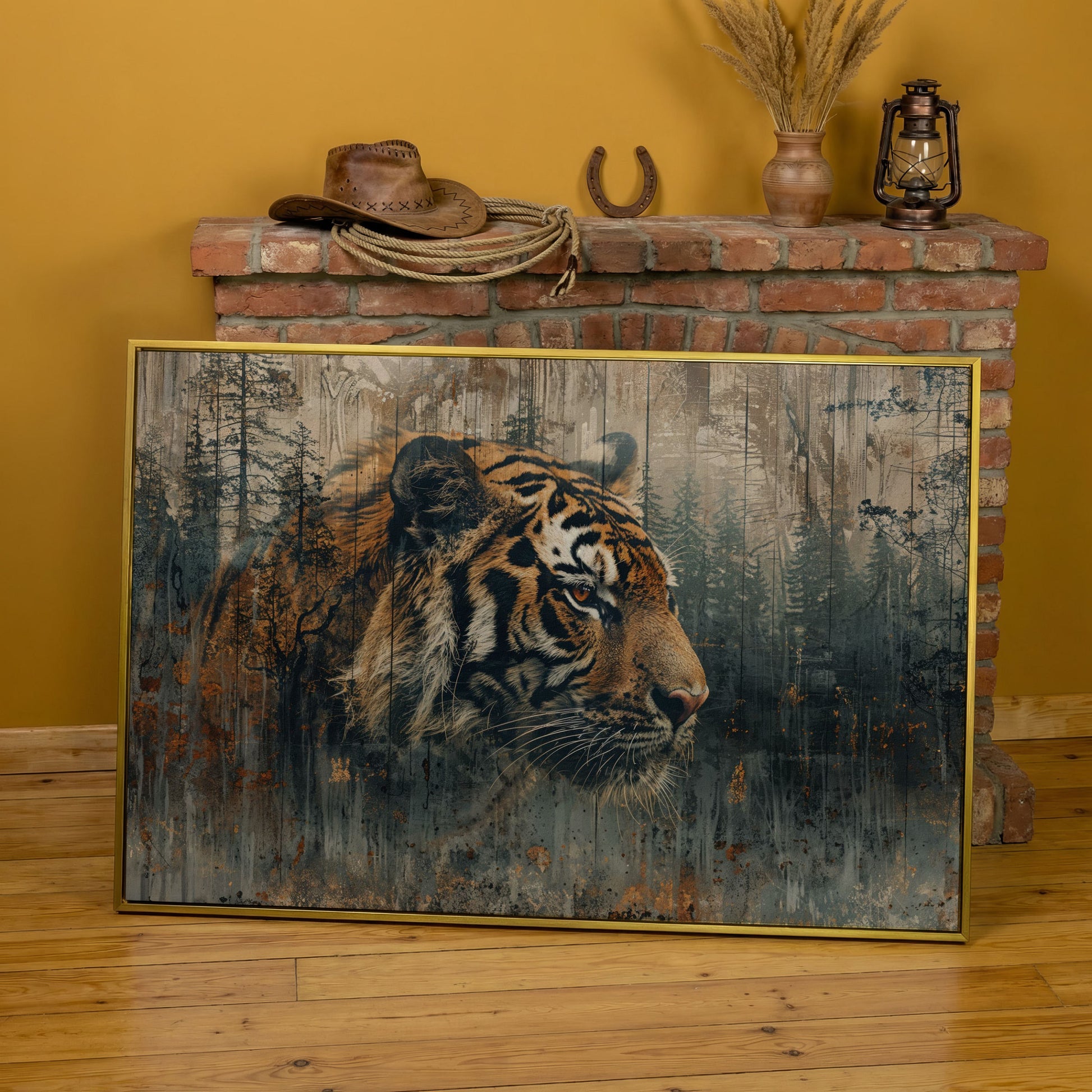 Tiger Double Exposure Canvas Art with Misty Forest Blend in yellow gold floating frame