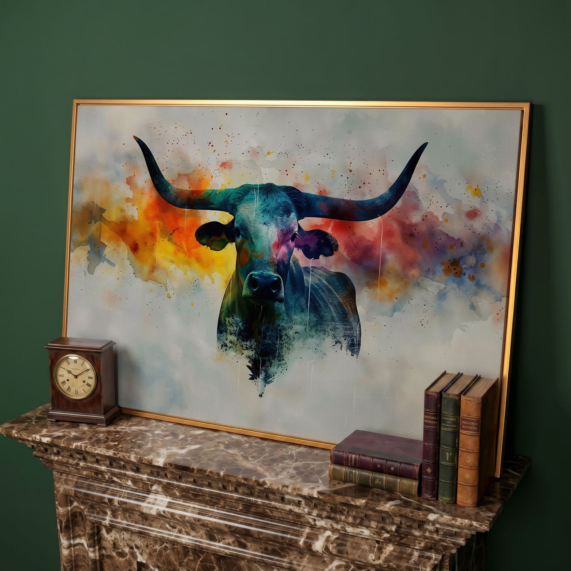 Abstract Longhorn Bull Canvas Print in antique gold floating frame