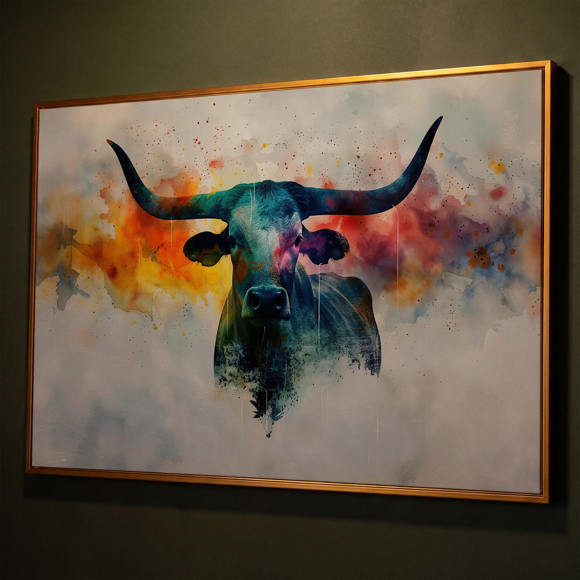 Abstract Longhorn Bull Canvas Print shown in antique gold floating frame