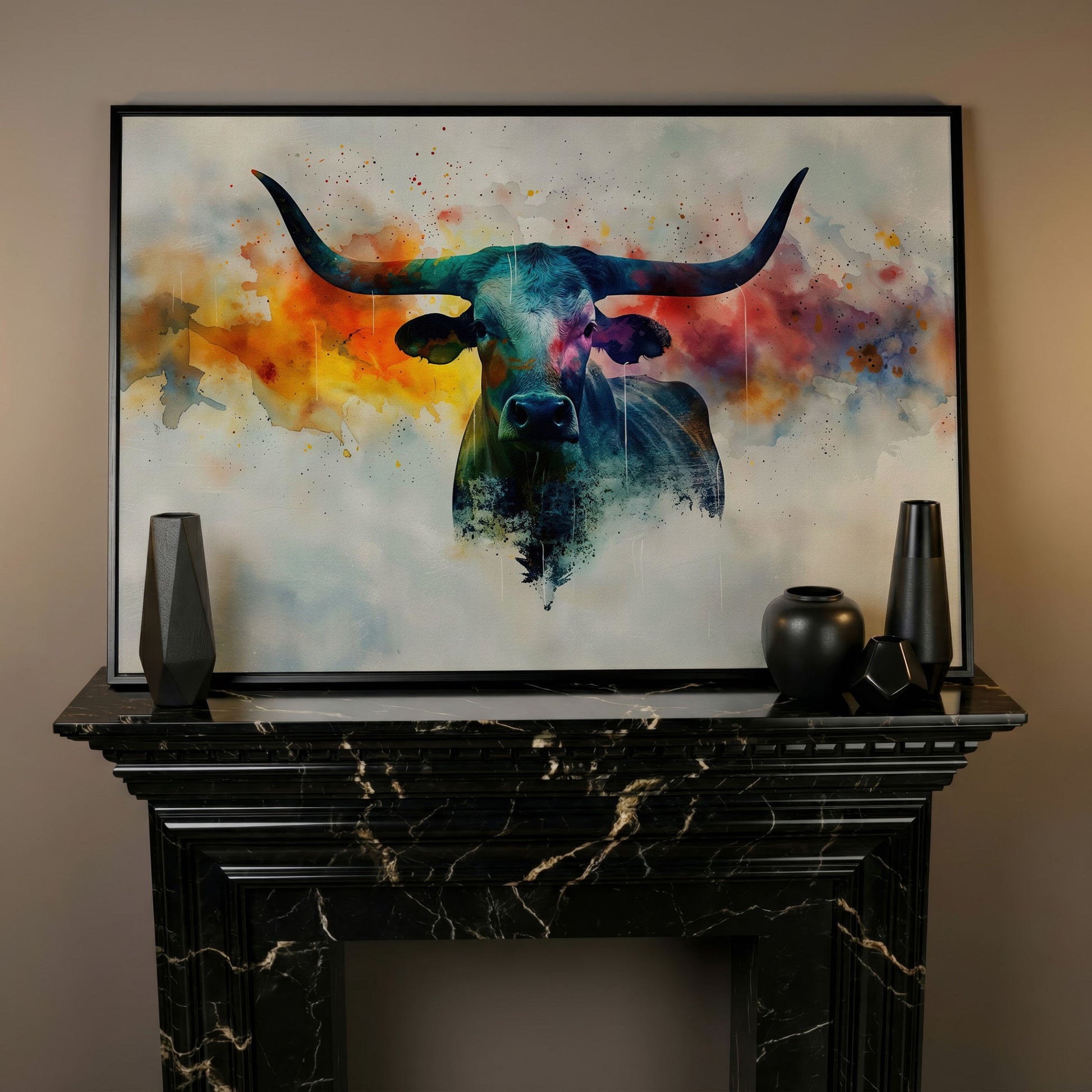 Abstract Longhorn Bull Canvas Print in black floating frame