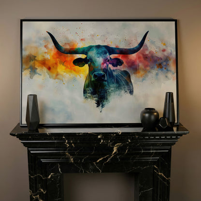 Abstract Longhorn Bull Canvas Print in black floating frame