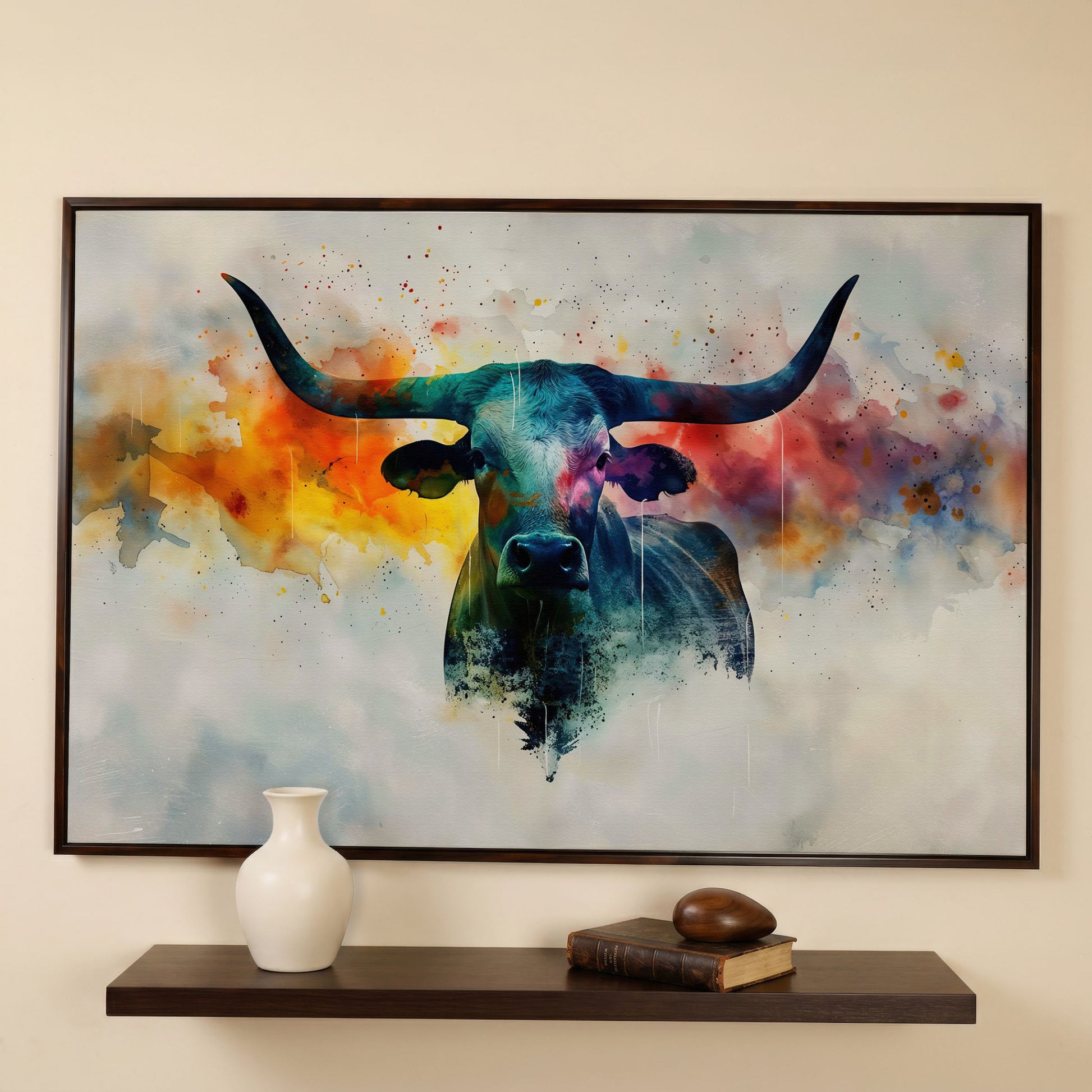 Abstract Longhorn Bull Canvas Print in dark walnut floating frame