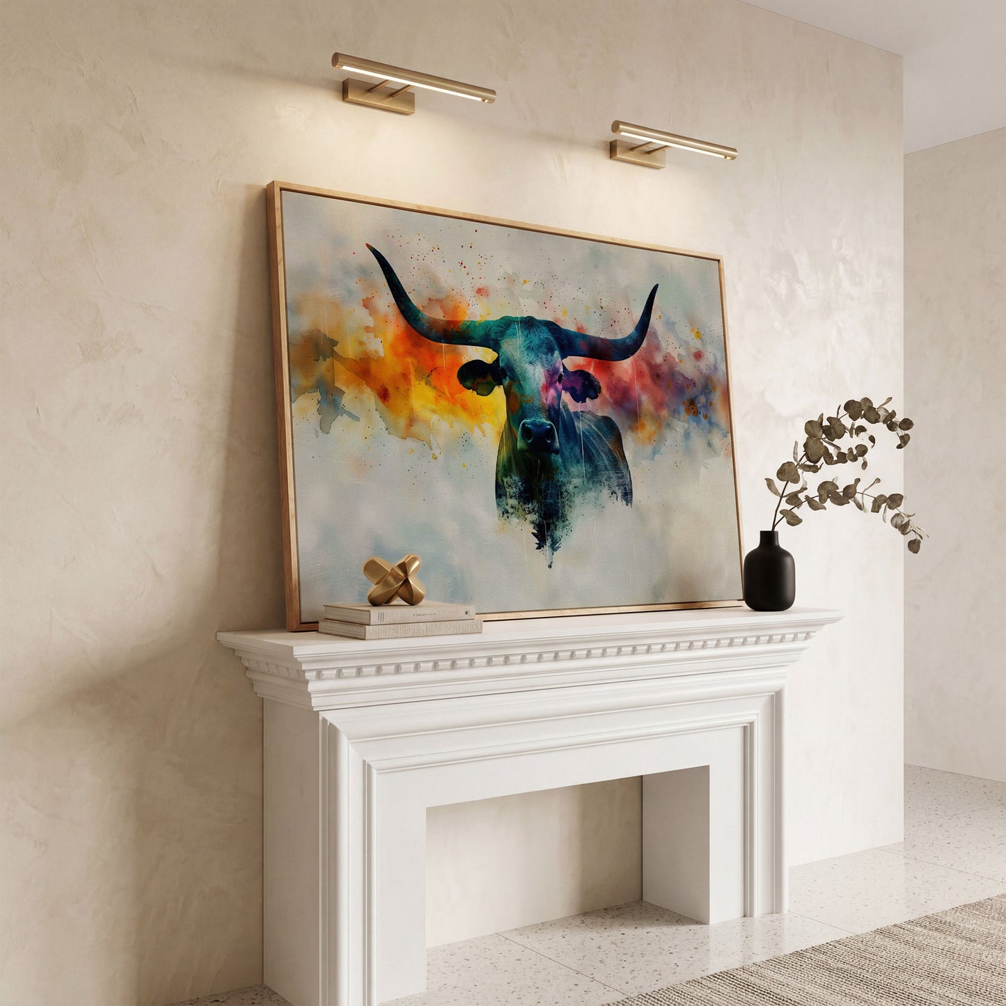 Abstract Longhorn Bull Canvas Print in white oak floating frame