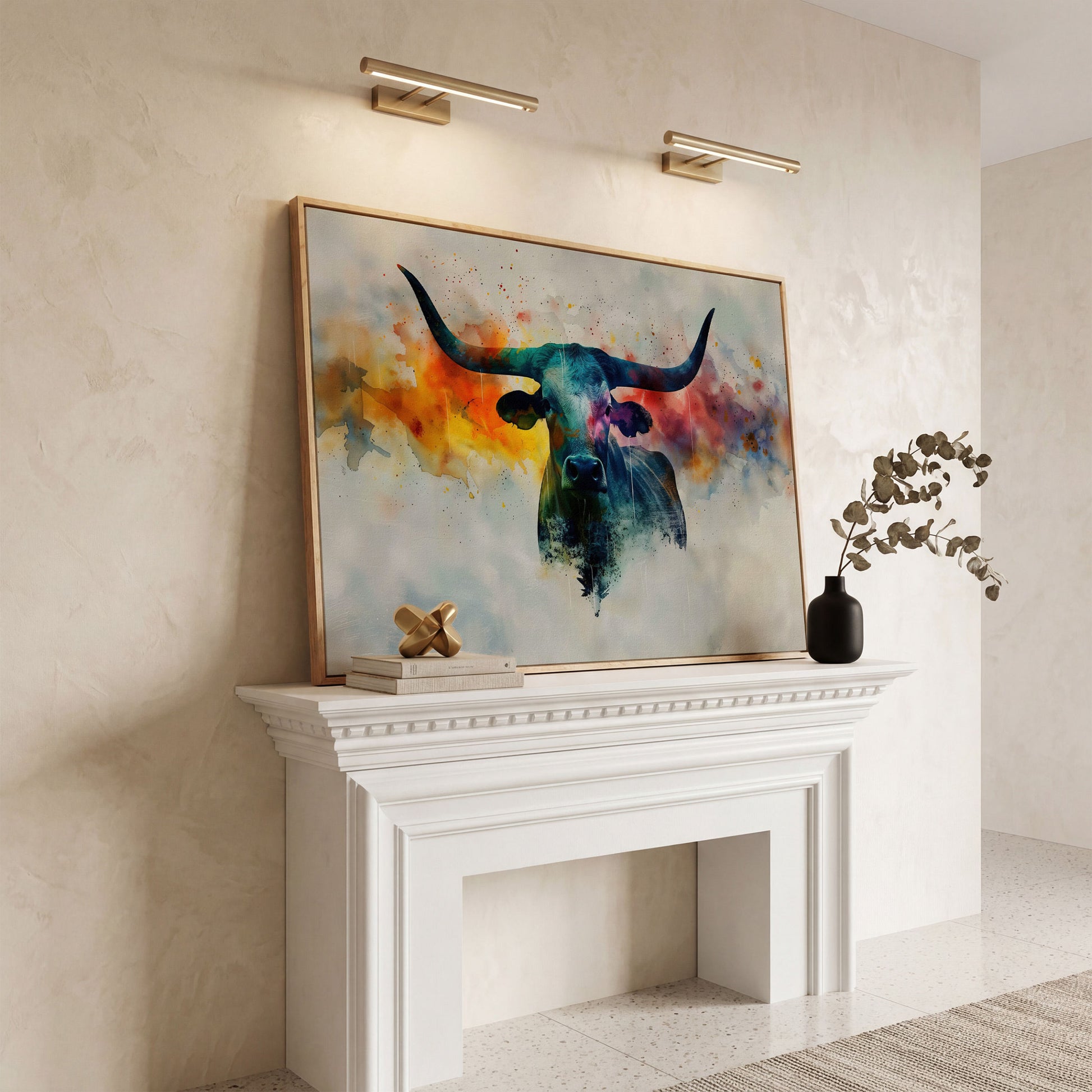 Abstract Longhorn Bull Canvas Print in white oak floating frame