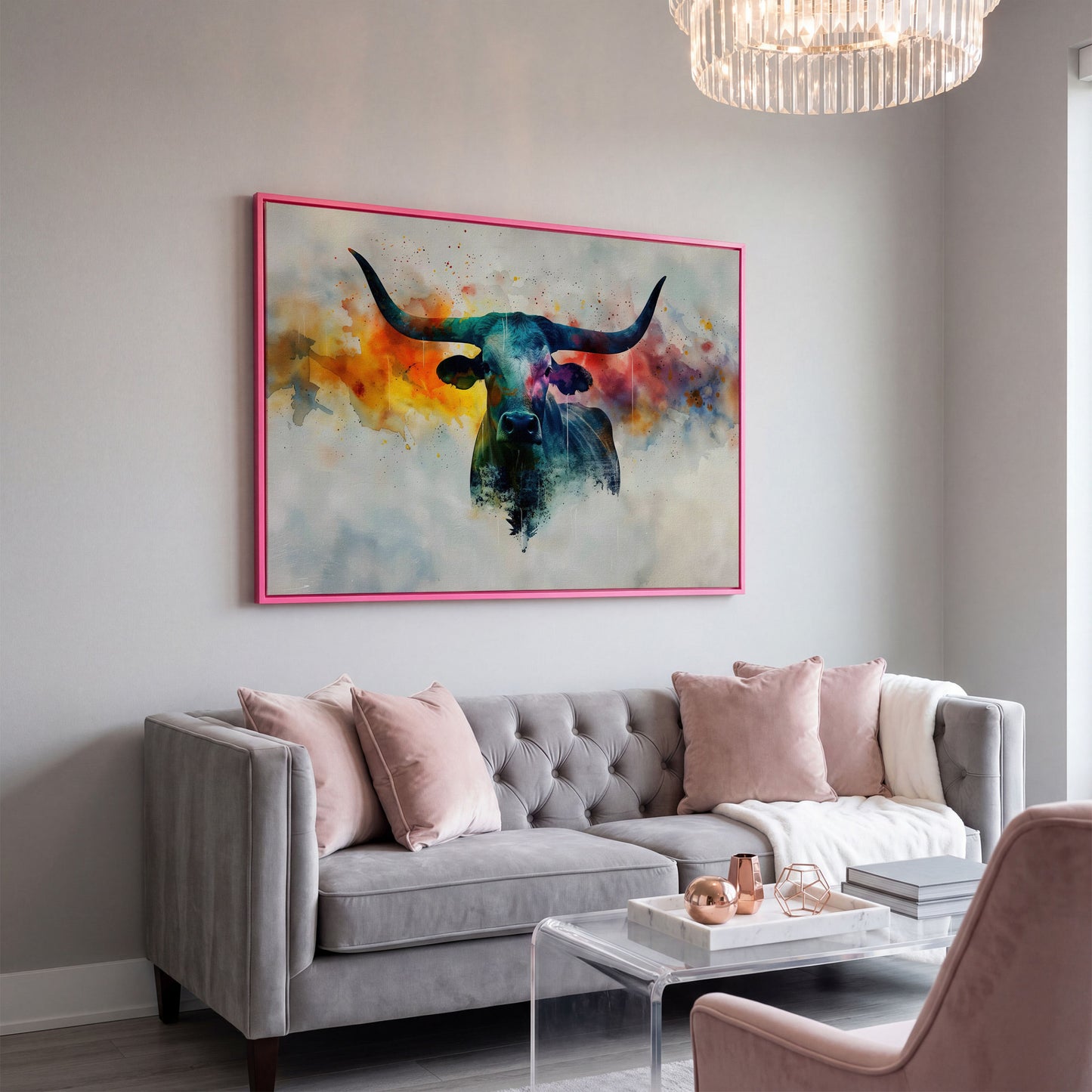 Abstract Longhorn Bull Canvas Print in pink floating frame