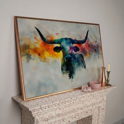 Abstract Longhorn Bull Canvas Print in rose gold floating frame