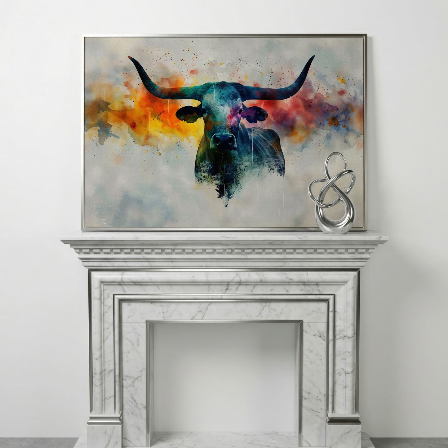 Abstract Longhorn Bull Canvas Print in silver floating frame