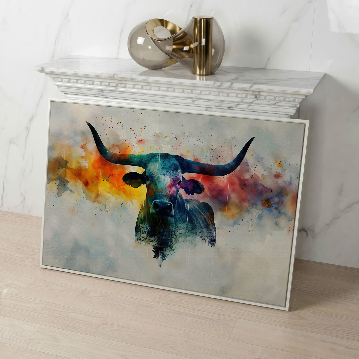 Abstract Longhorn Bull Canvas Print in white floating frame