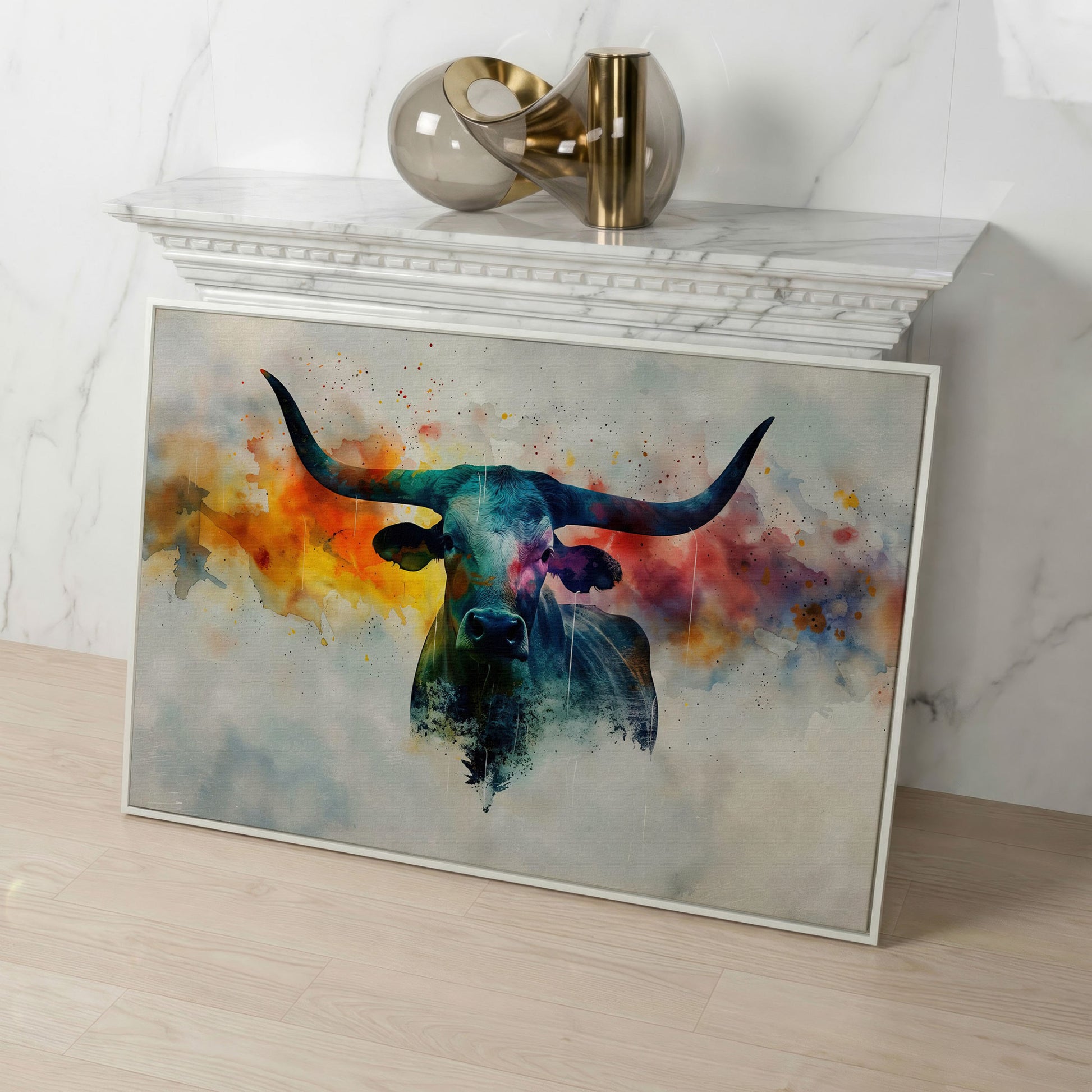 Abstract Longhorn Bull Canvas Print in white floating frame