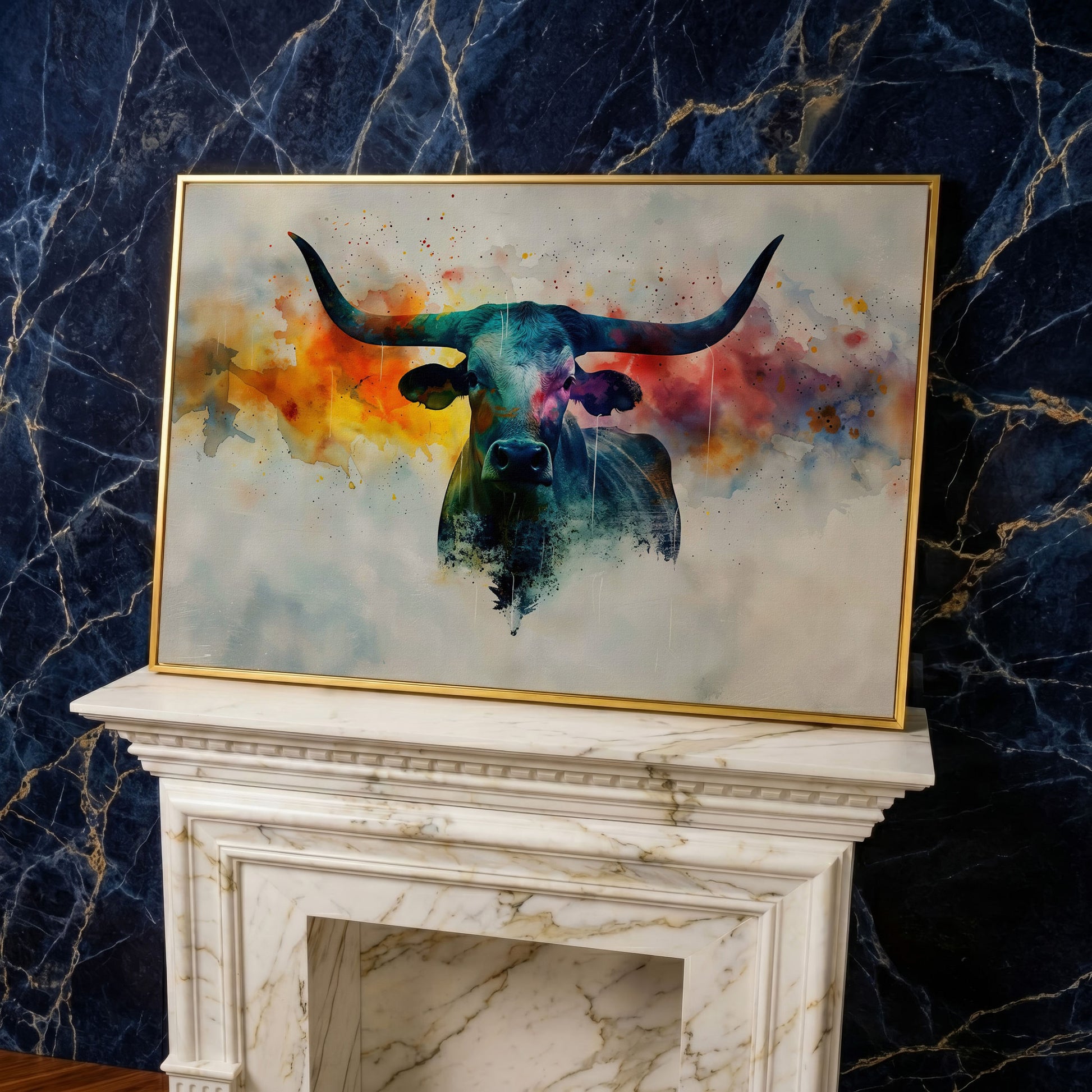 Abstract Longhorn Bull Canvas Print in yellow gold floating frame