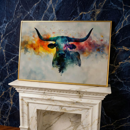 Abstract Longhorn Bull Canvas Print in yellow gold floating frame