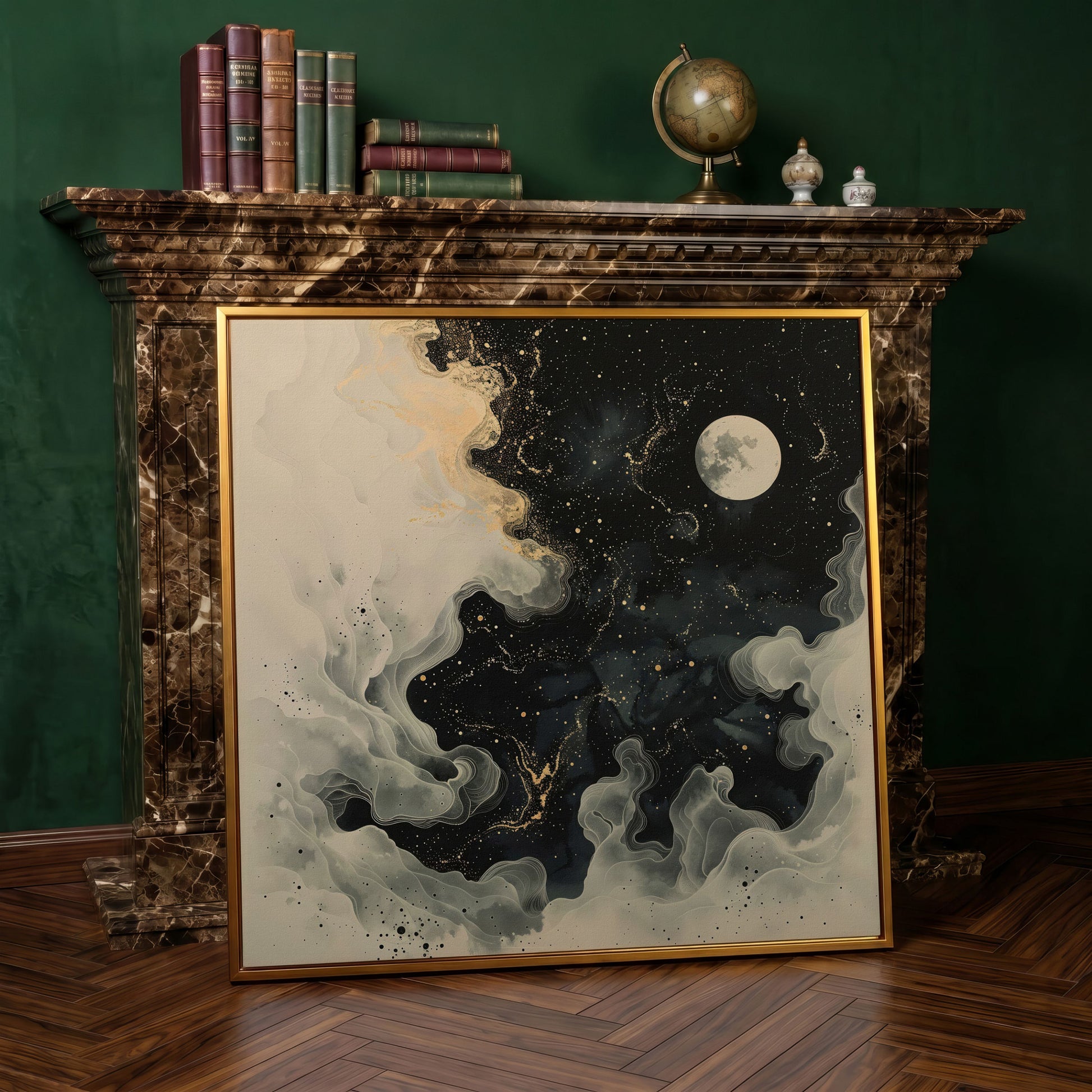 Full Moon and Swirling Clouds Night Sky Canvas Wall Art in antique gold floating frame