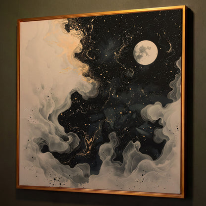 Full Moon and Swirling Clouds Night Sky Canvas Wall Art shown in antique gold floating frame