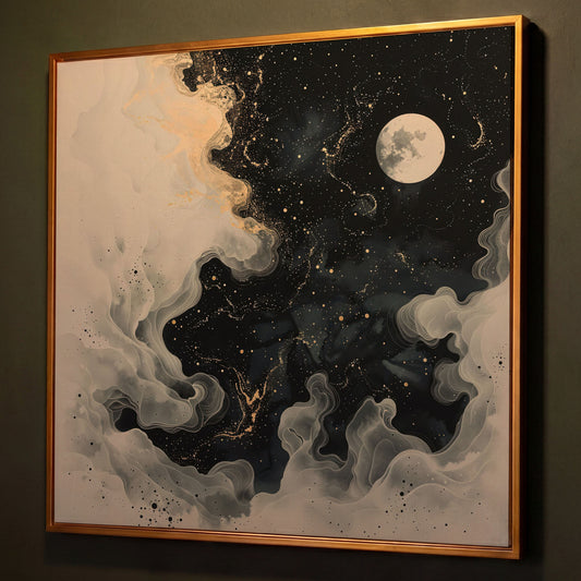 Full Moon and Swirling Clouds Night Sky Canvas Wall Art shown in antique gold floating frame