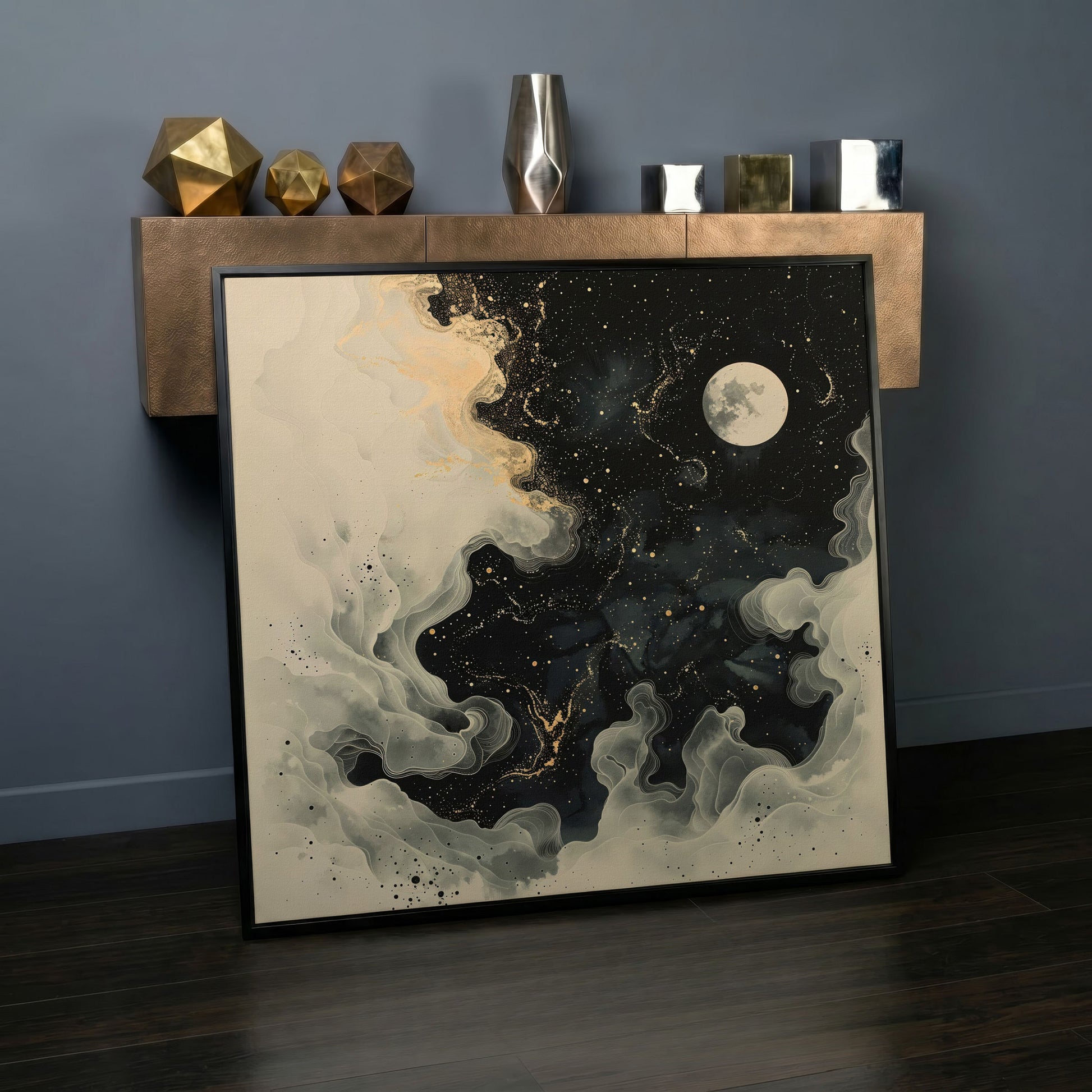 Full Moon and Swirling Clouds Night Sky Canvas Wall Art in black floating frame