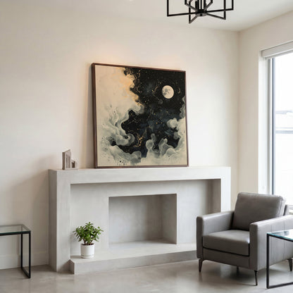 Full Moon and Swirling Clouds Night Sky Canvas Wall Art in dark walnut floating frame