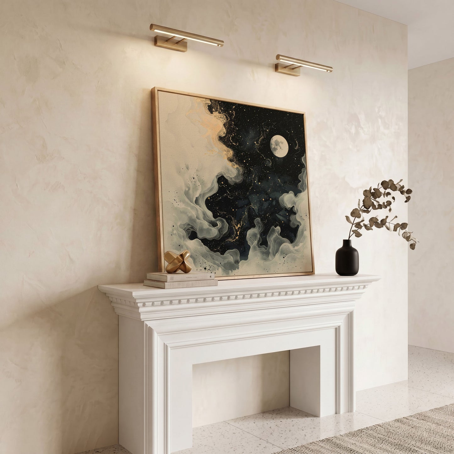 Full Moon and Swirling Clouds Night Sky Canvas Wall Art in white oak floating frame