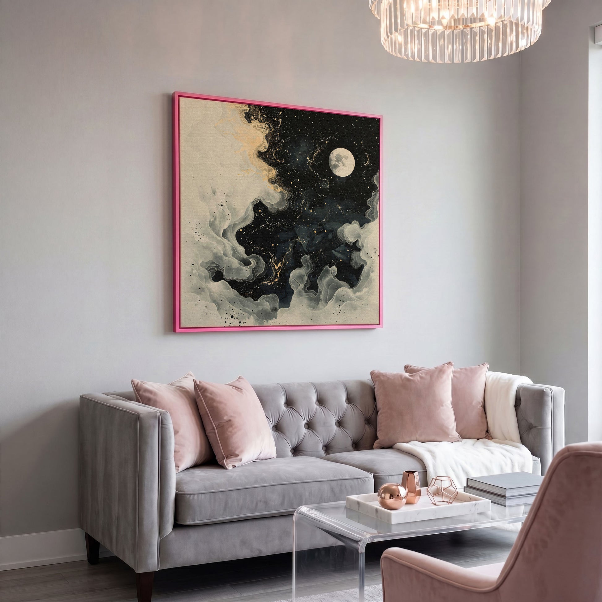 Full Moon and Swirling Clouds Night Sky Canvas Wall Art in pink floating frame