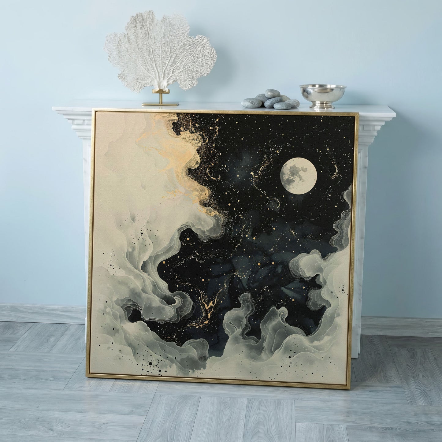 Full Moon and Swirling Clouds Night Sky Canvas Wall Art in rose gold floating frame