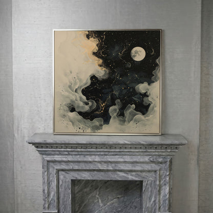 Full Moon and Swirling Clouds Night Sky Canvas Wall Art in silver floating frame