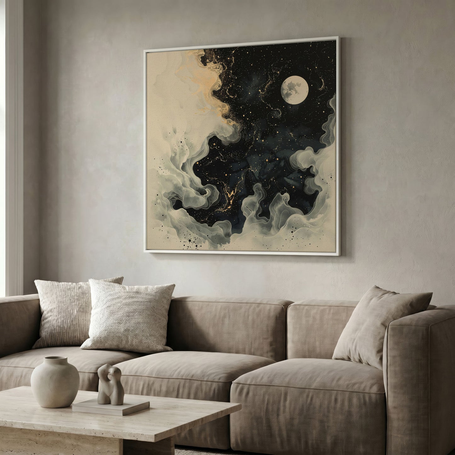 Full Moon and Swirling Clouds Night Sky Canvas Wall Art in white floating frame