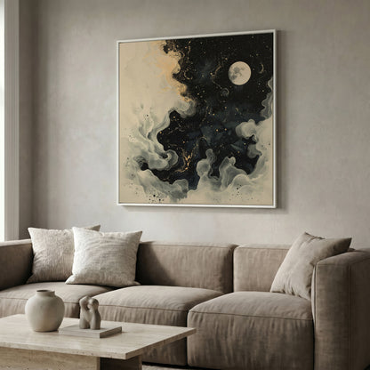 Full Moon and Swirling Clouds Night Sky Canvas Wall Art in white floating frame