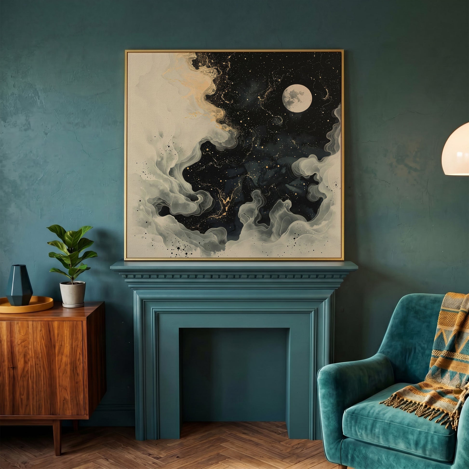 Full Moon and Swirling Clouds Night Sky Canvas Wall Art in yellow gold floating frame