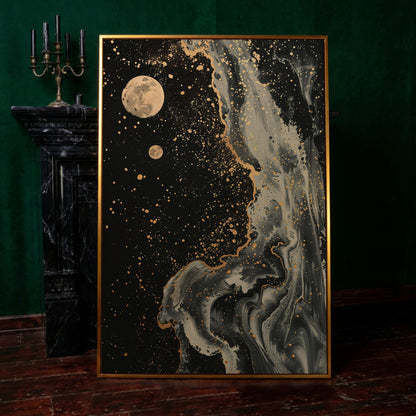 Mystical Moonscape Abstract Canvas in antique gold floating frame