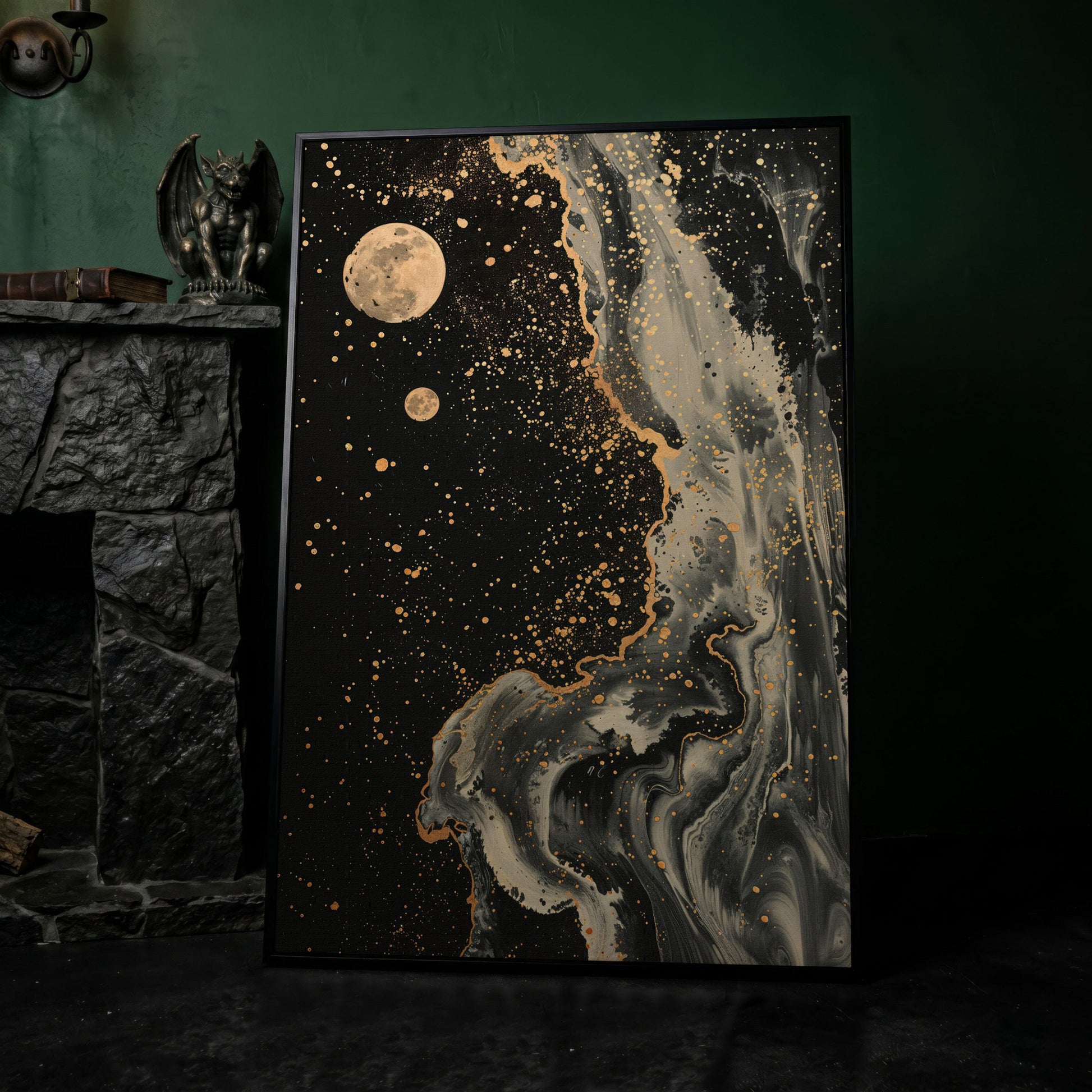 Mystical Moonscape Abstract Canvas in black floating frame
