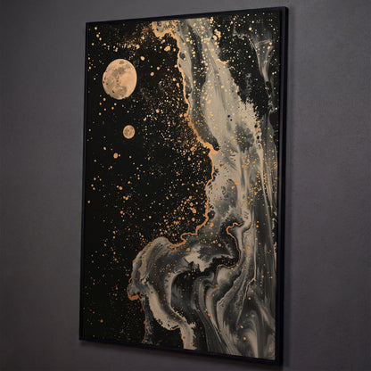 Mystical Moonscape Abstract Canvas shown in black floating frame