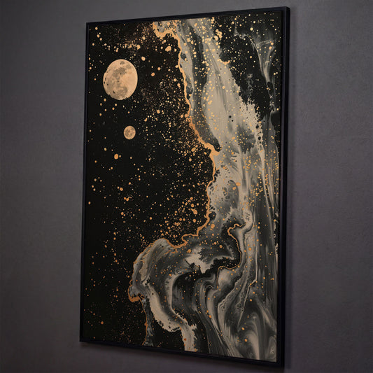 Mystical Moonscape Abstract Canvas shown in black floating frame