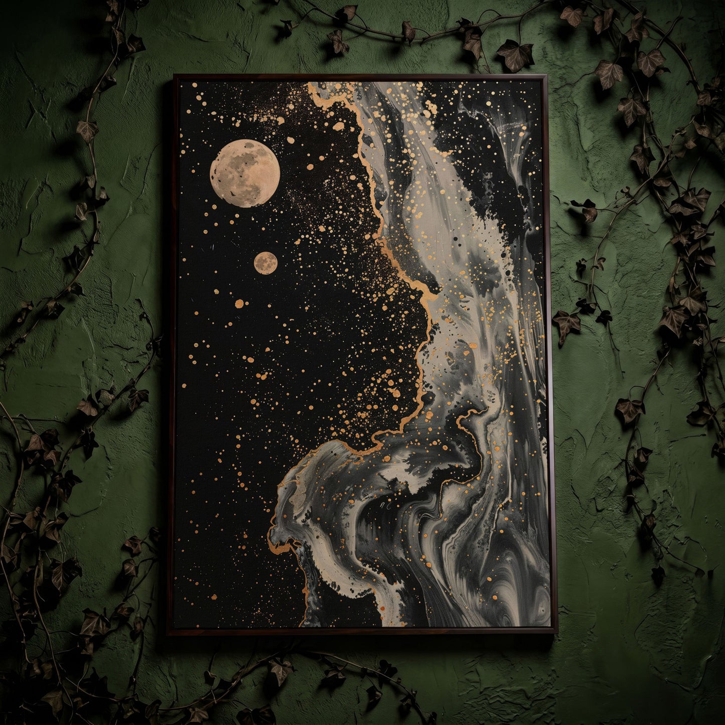 Mystical Moonscape Abstract Canvas in dark walnut floating frame