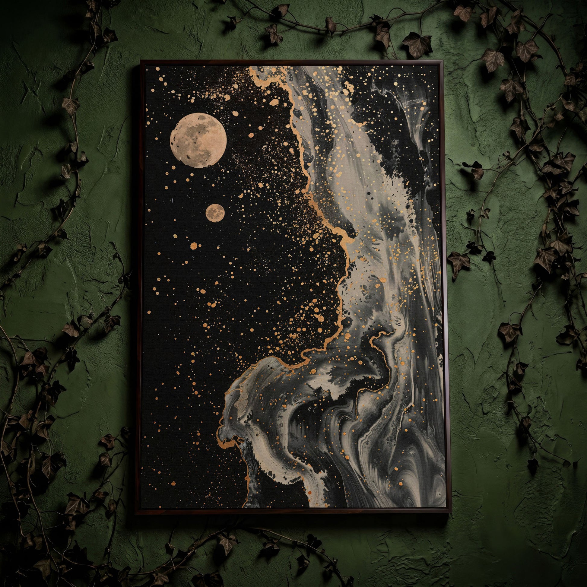 Mystical Moonscape Abstract Canvas in dark walnut floating frame