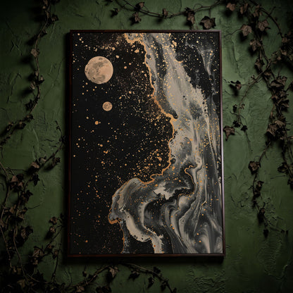 Mystical Moonscape Abstract Canvas in dark walnut floating frame
