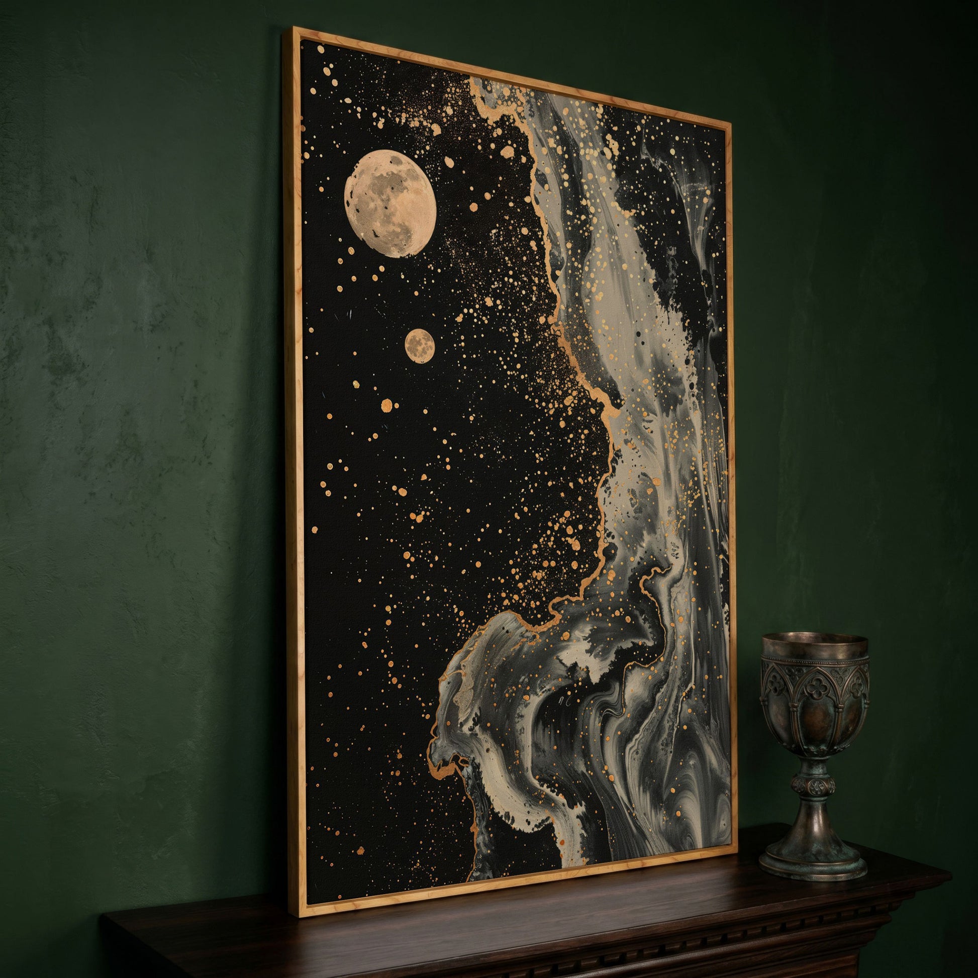 Mystical Moonscape Abstract Canvas in white oak floating frame