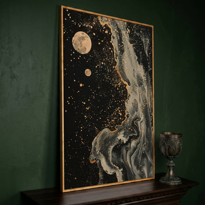 Mystical Moonscape Abstract Canvas in white oak floating frame