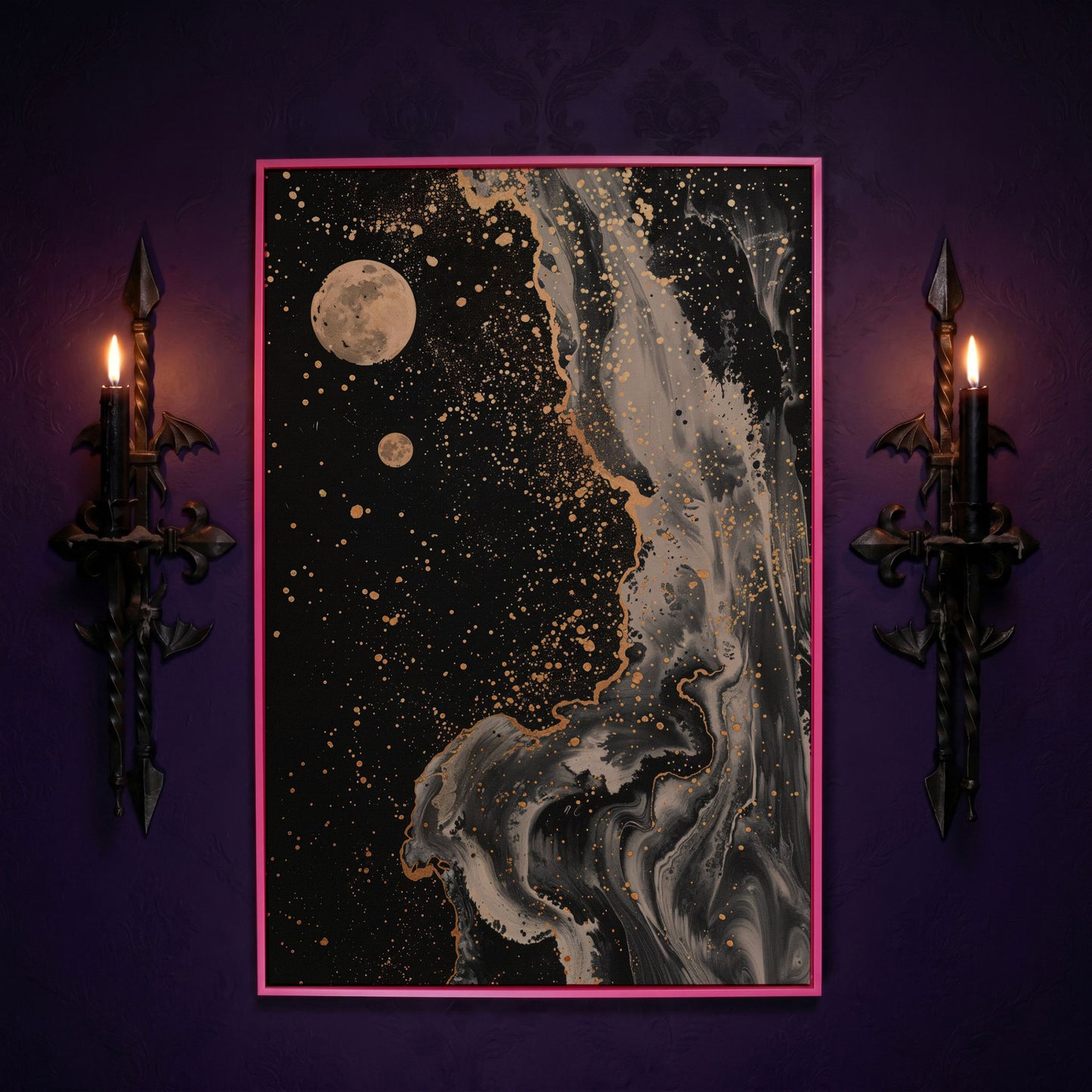 Mystical Moonscape Abstract Canvas in pink floating frame
