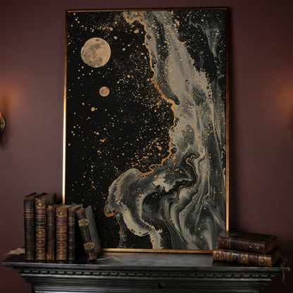 Mystical Moonscape Abstract Canvas in rose gold floating frame