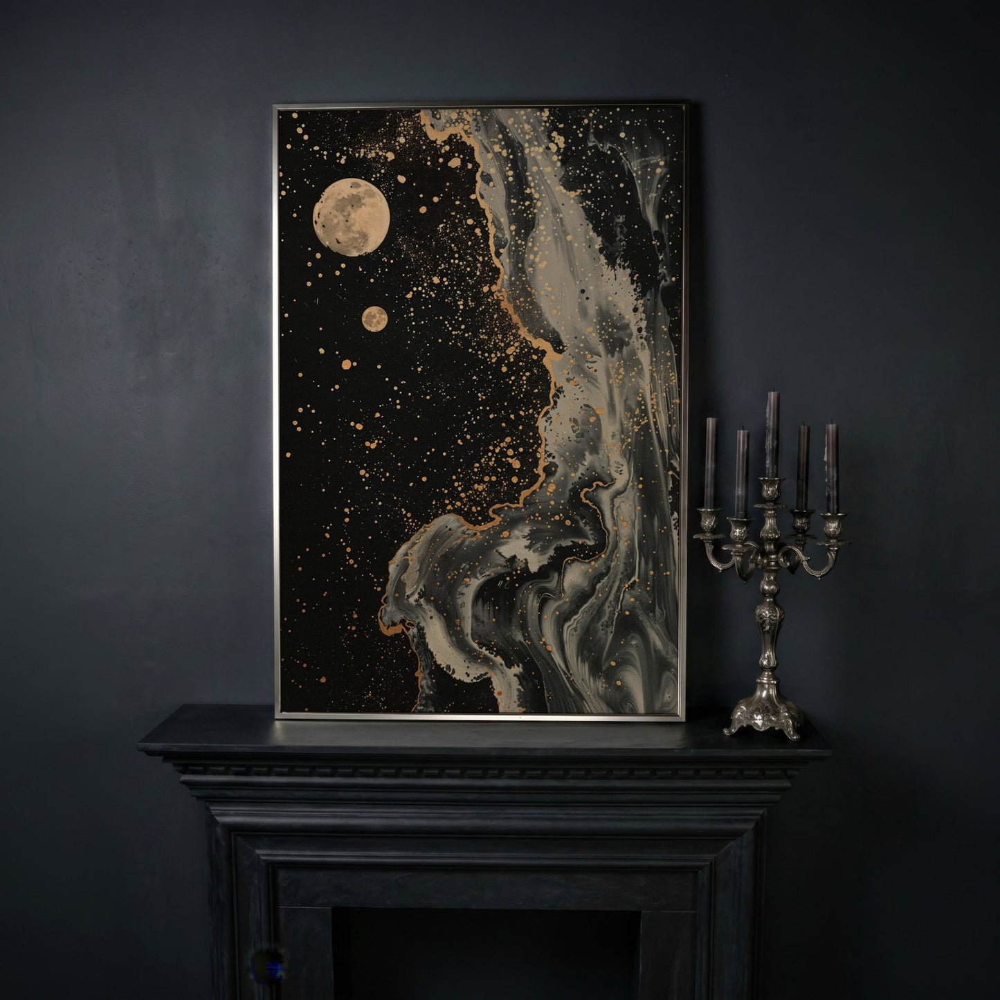 Mystical Moonscape Abstract Canvas in silver floating frame
