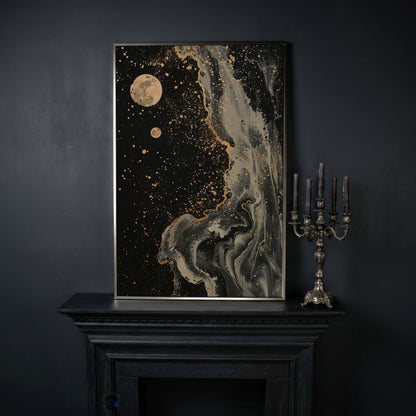 Mystical Moonscape Abstract Canvas in silver floating frame
