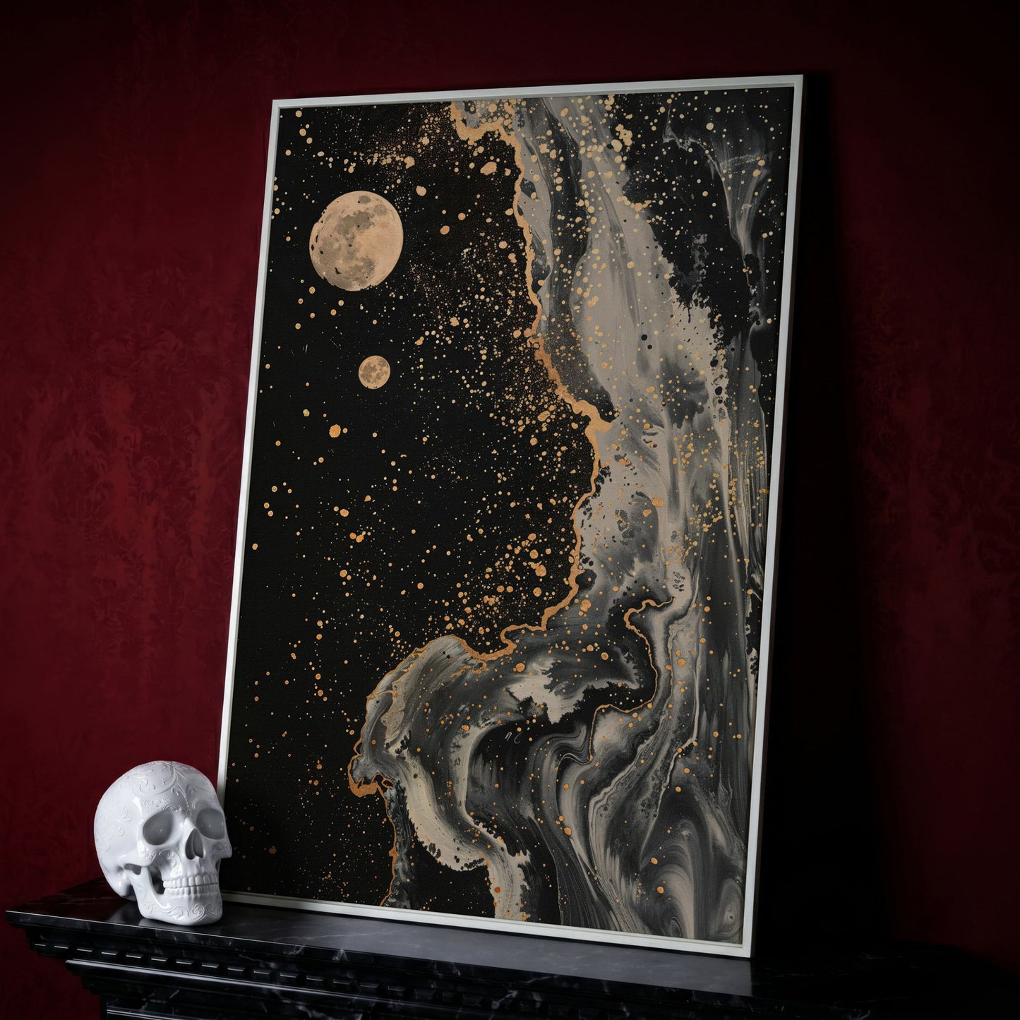 Mystical Moonscape Abstract Canvas in white floating frame