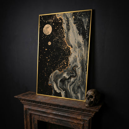 Mystical Moonscape Abstract Canvas in yellow gold floating frame
