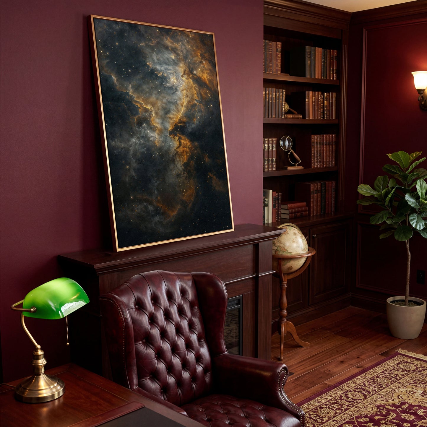 Dark Gold Nebula Canvas Print in antique gold floating frame