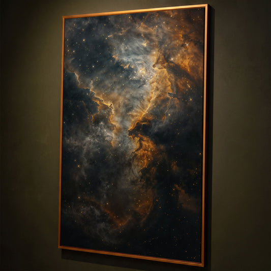 Dark Gold Nebula Canvas Print shown in antique gold floating frame