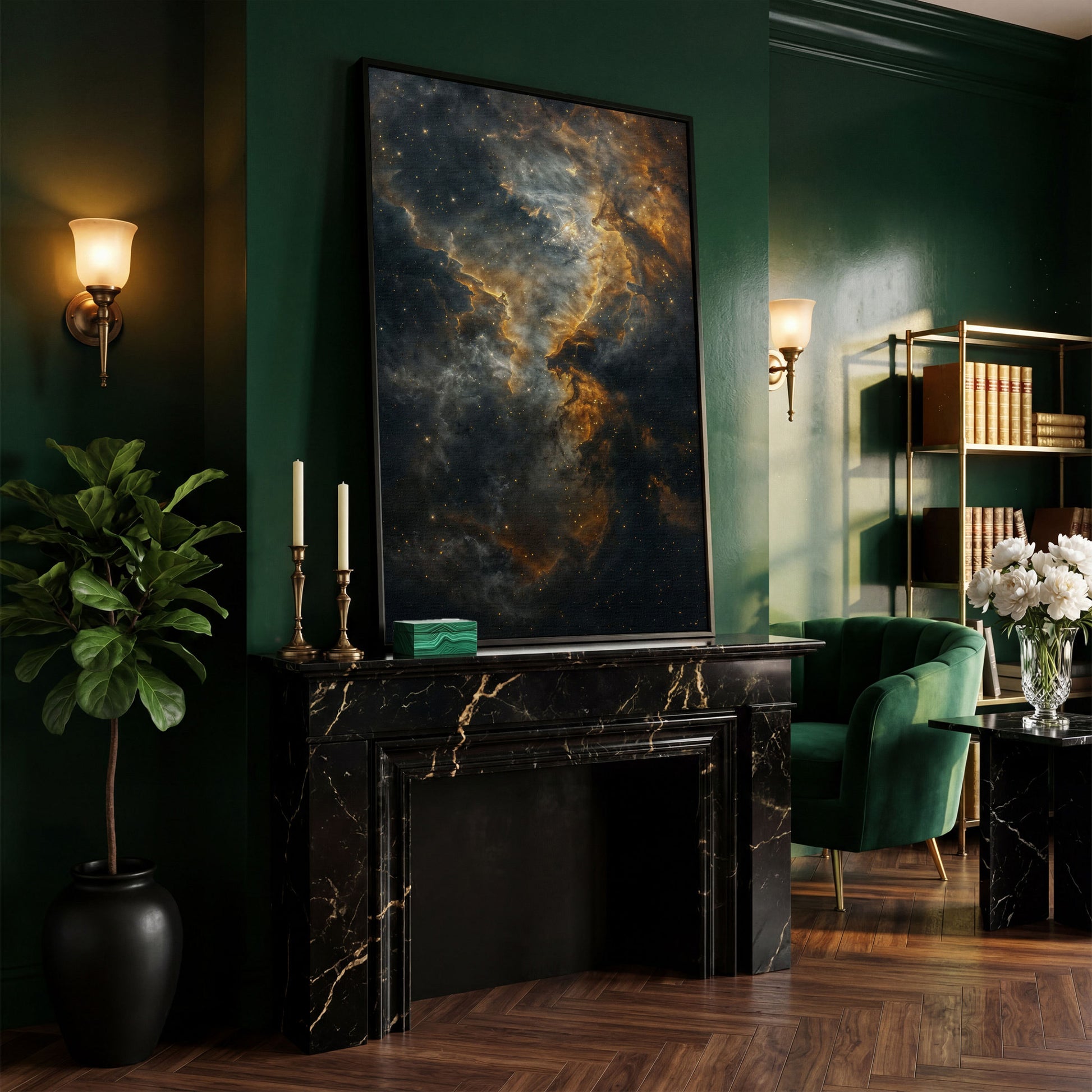 Dark Gold Nebula Canvas Print in black floating frame