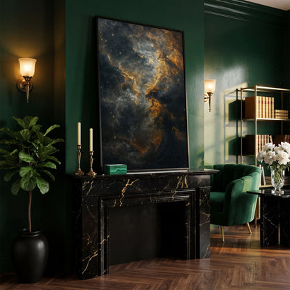 Dark Gold Nebula Canvas Print in black floating frame