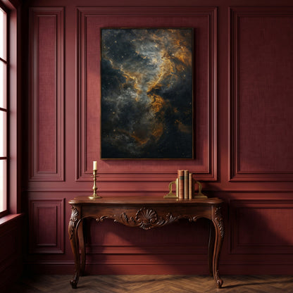 Dark Gold Nebula Canvas Print in dark walnut floating frame