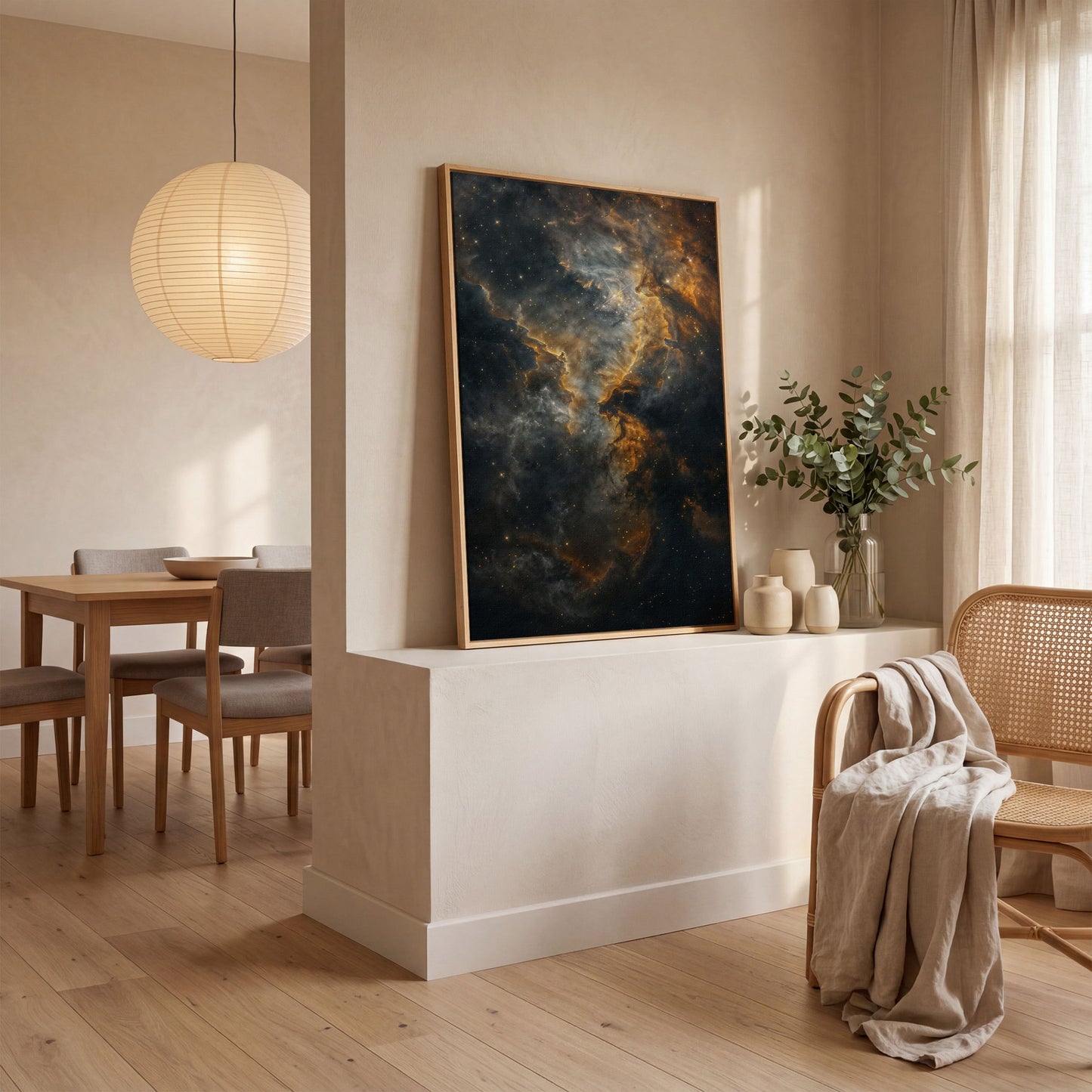 Dark Gold Nebula Canvas Print in white oak floating frame