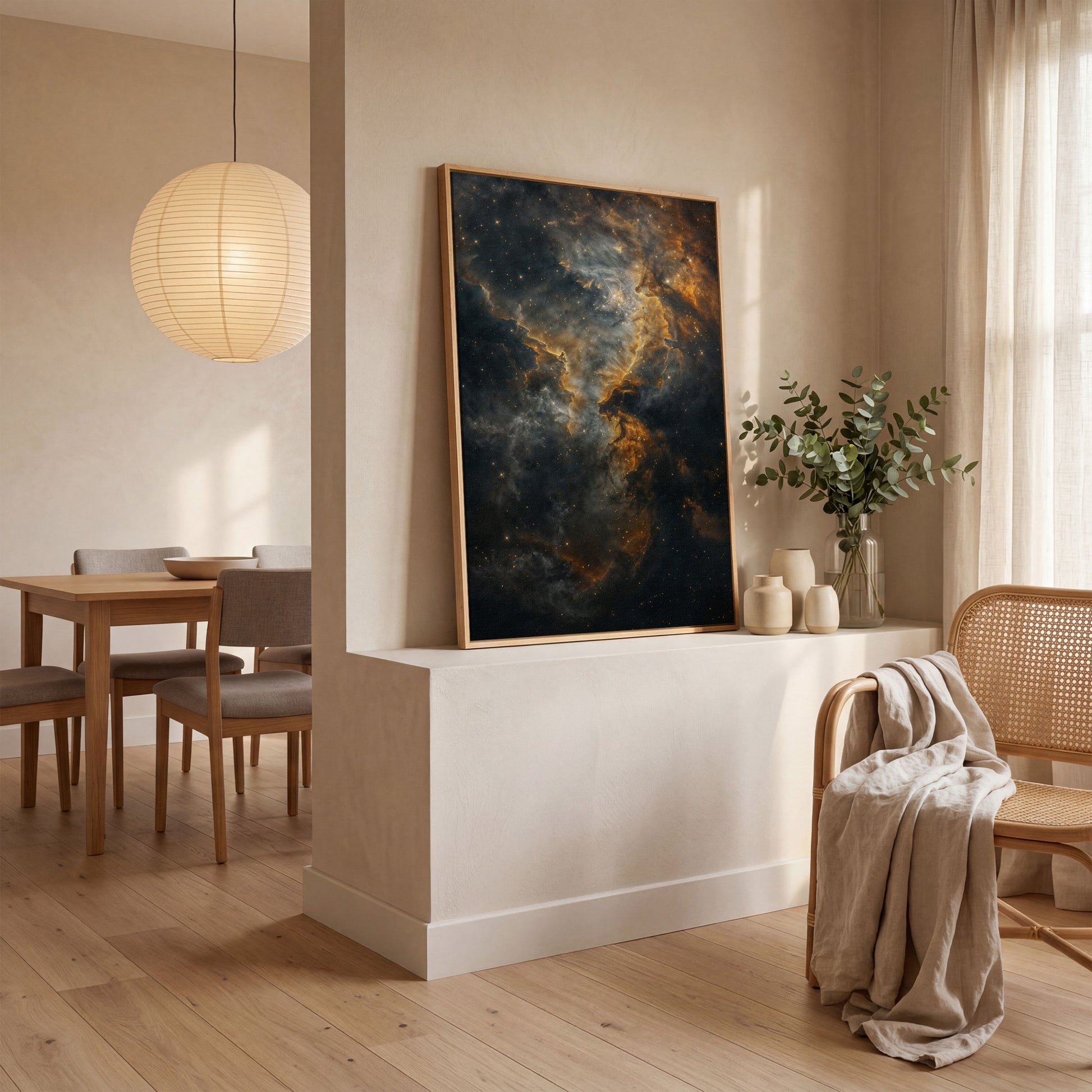 Dark Gold Nebula Canvas Print in white oak floating frame