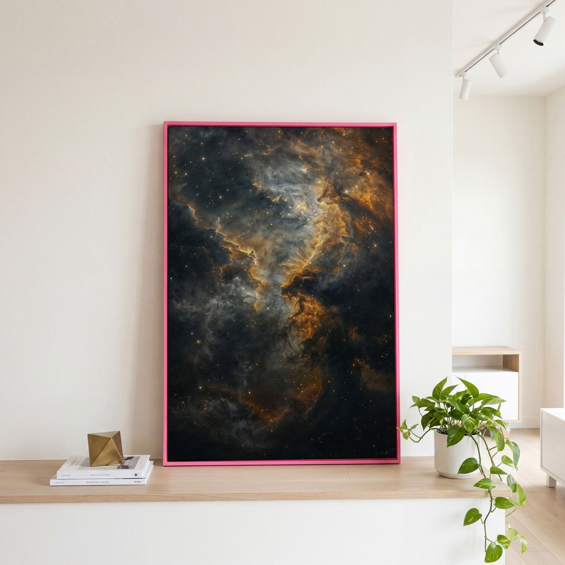 Dark Gold Nebula Canvas Print in pink floating frame